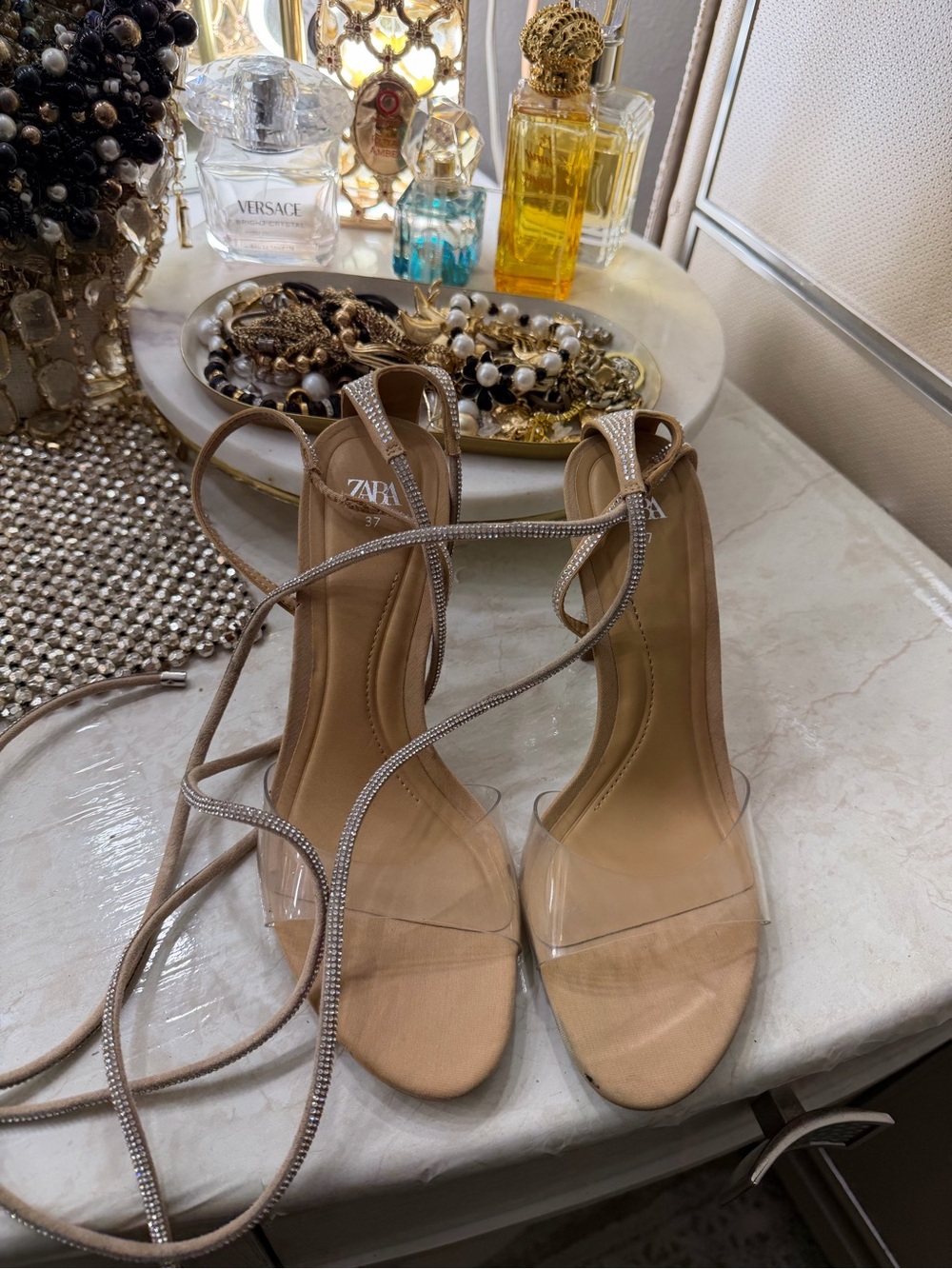 ZARA Nude Strappy Clear Heeled Sandals with Rhinestone Lace-Up